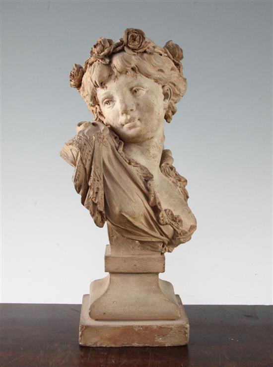 A continental terracotta bust of a young lady, 13.5in.